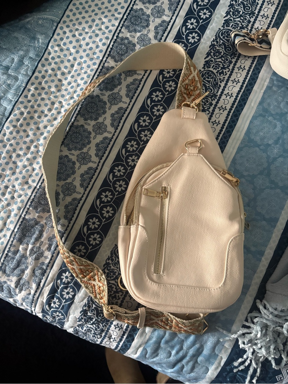 Cream Crossbody Sling Bag with Woven Strap
